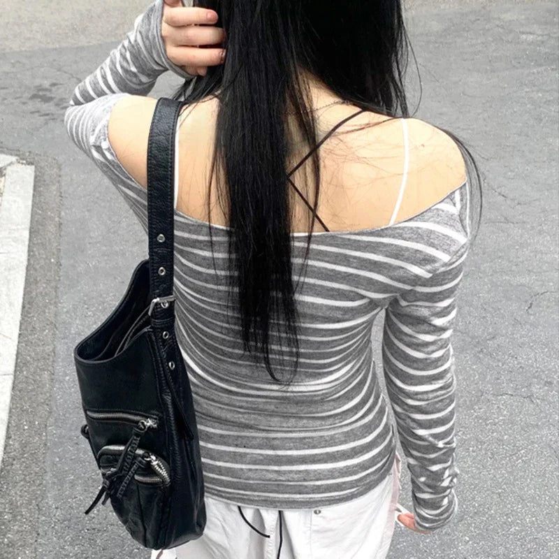 Women's New Models Slim Long-Sleeved Striped t-Shirt Strapless