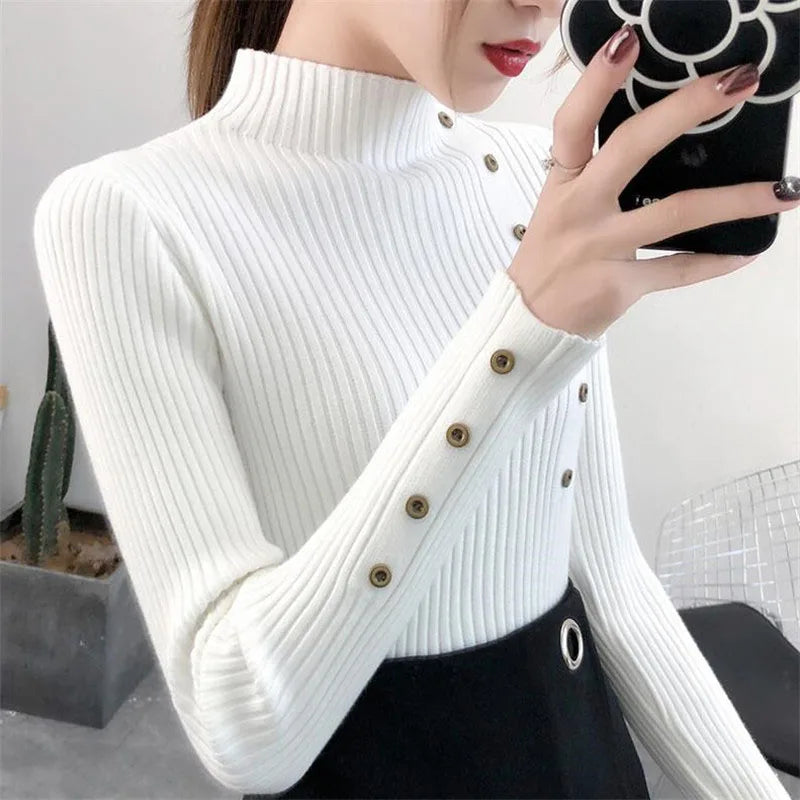 Female Cotton Soft Elastic Color Slim Pullovers Button Full Sleeve