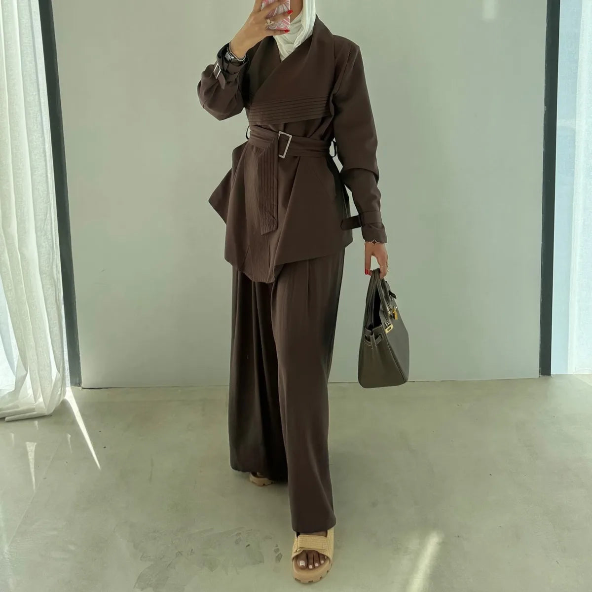 Solid Color Two-Piece Set Casual Lapel Blazer Belted High Waist Wide Leg Pants