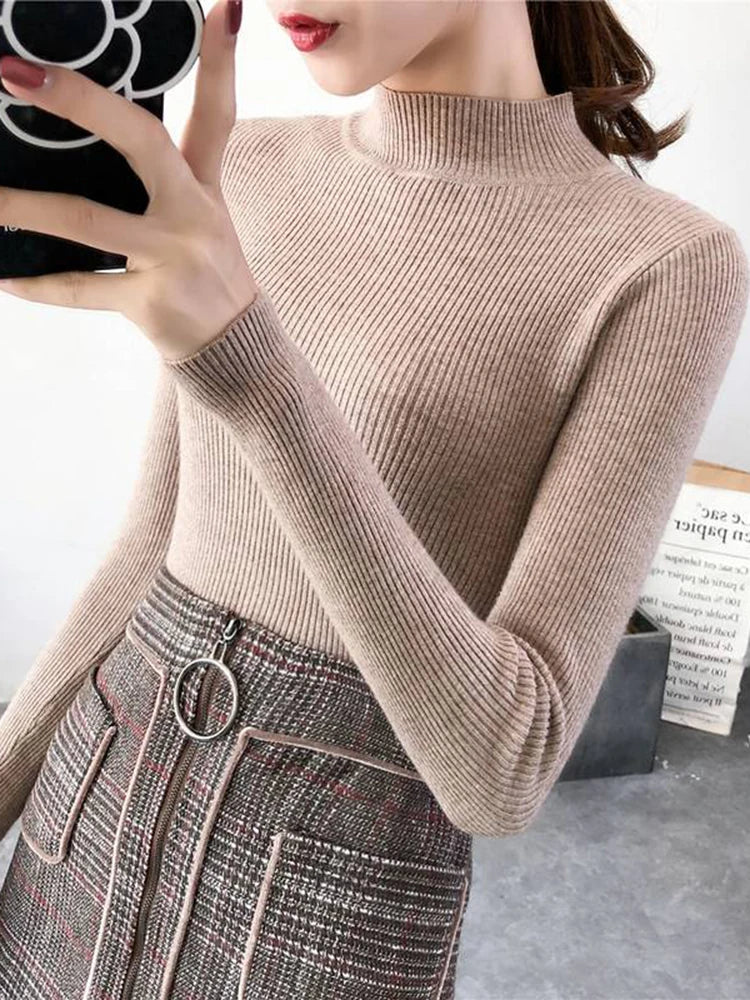 Women Sweater Vintage Basic Solid Knitted Tops Casual Slim Pullover