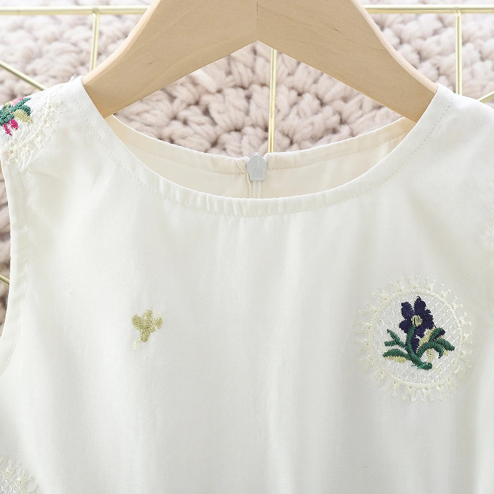 Casual Dress Girls' Clothing Refreshing Embroidered Vest Dress for 2-6Y