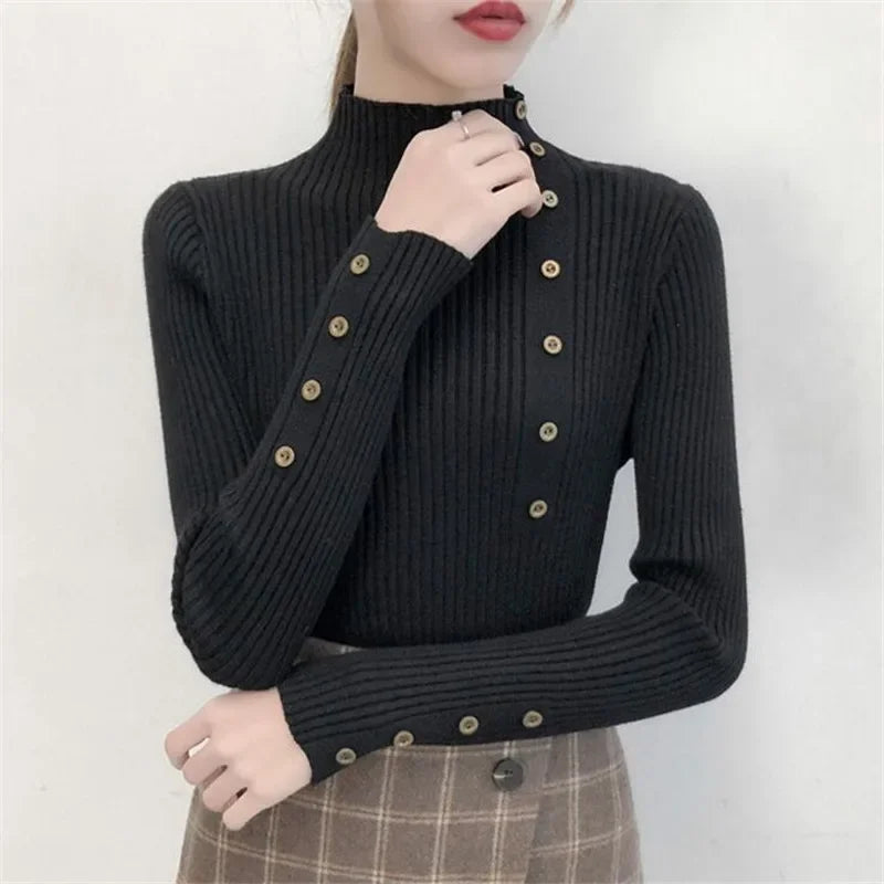 Female Cotton Soft Elastic Color Slim Pullovers Button Full Sleeve