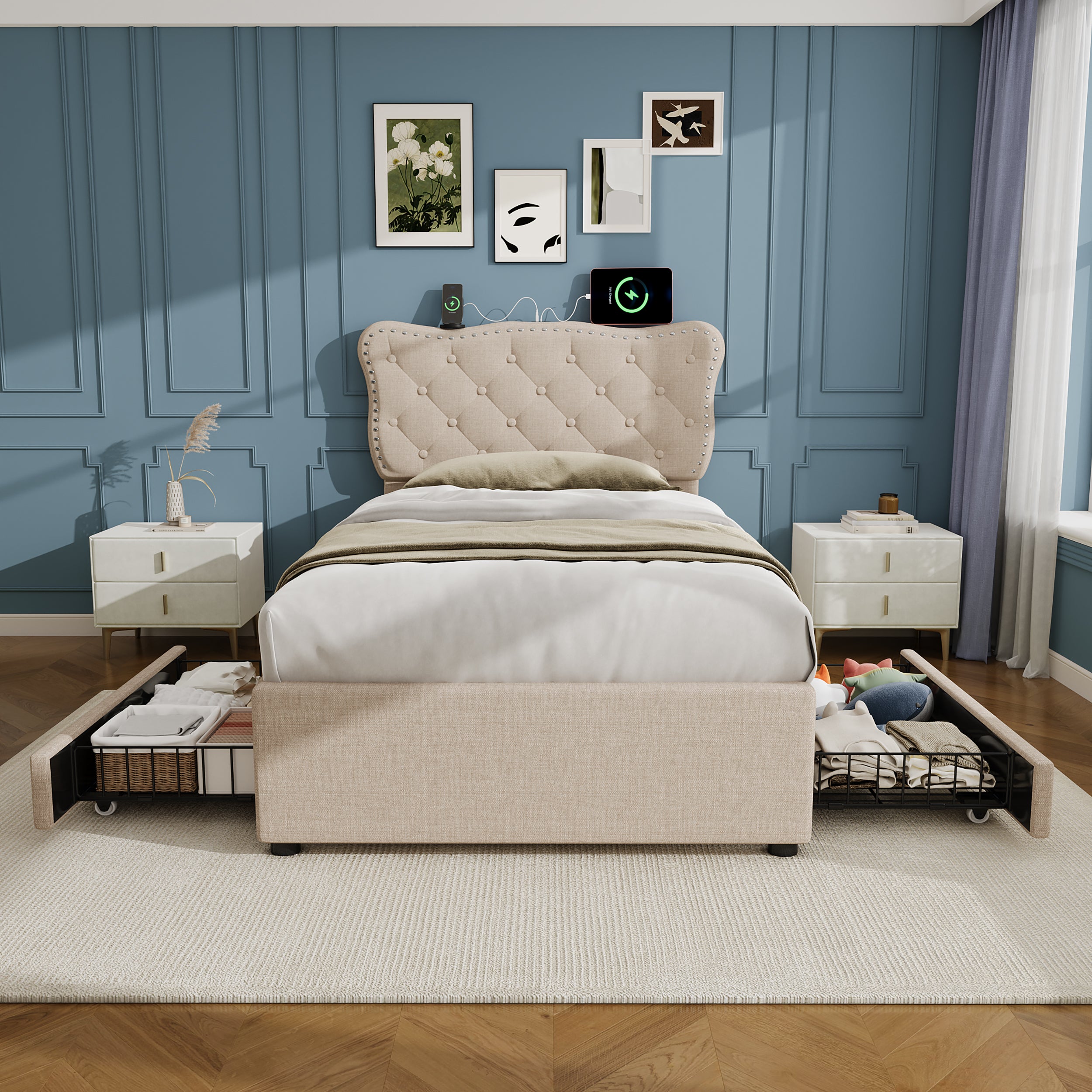 3ft Single Upholstered Bed With Rivet Design