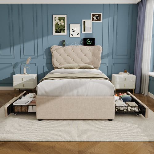 3ft Single Upholstered Bed With Rivet Design