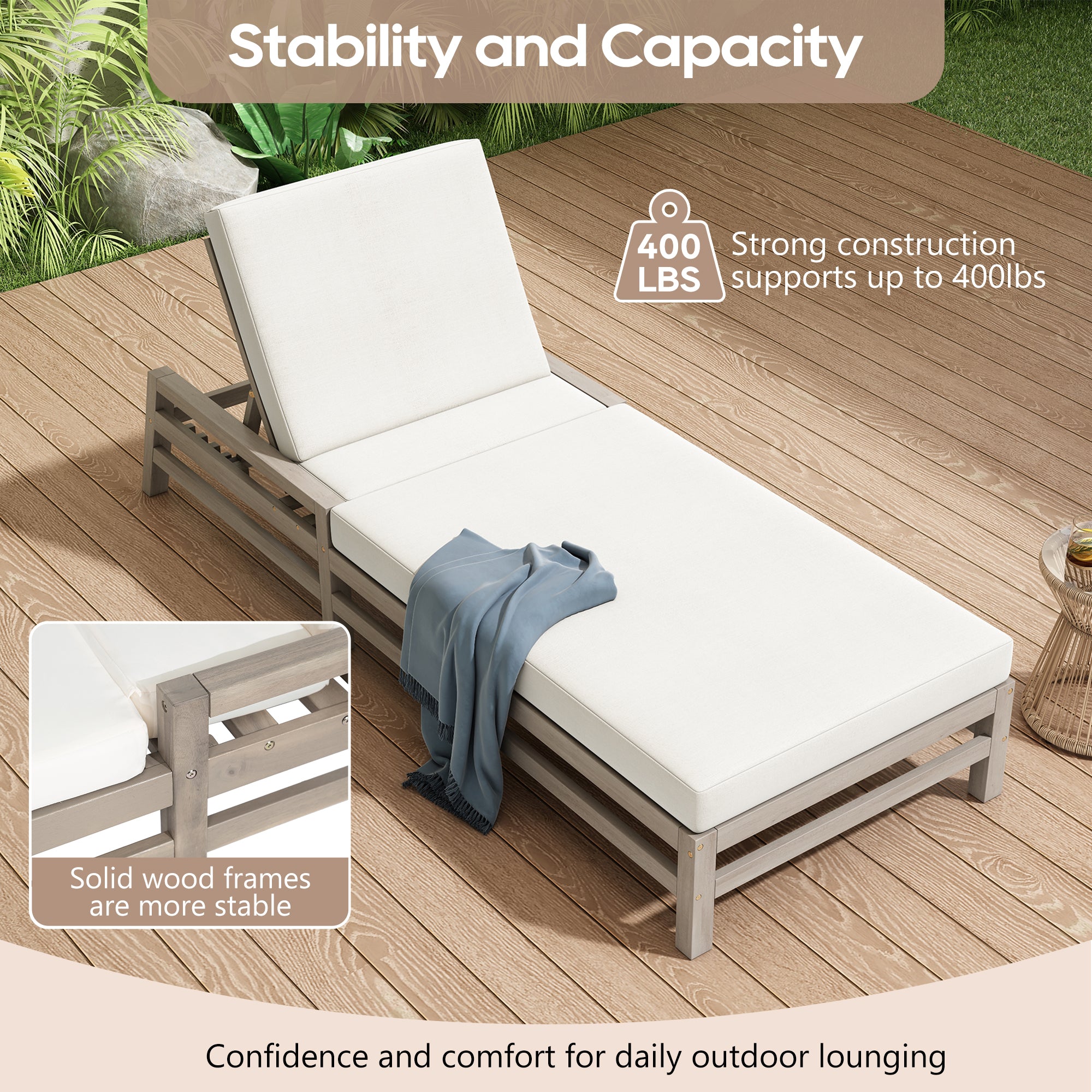 TREXM 5-Position Adjustable Outdoor Chaise Lounge Solid Wood Patio Recliner Chair