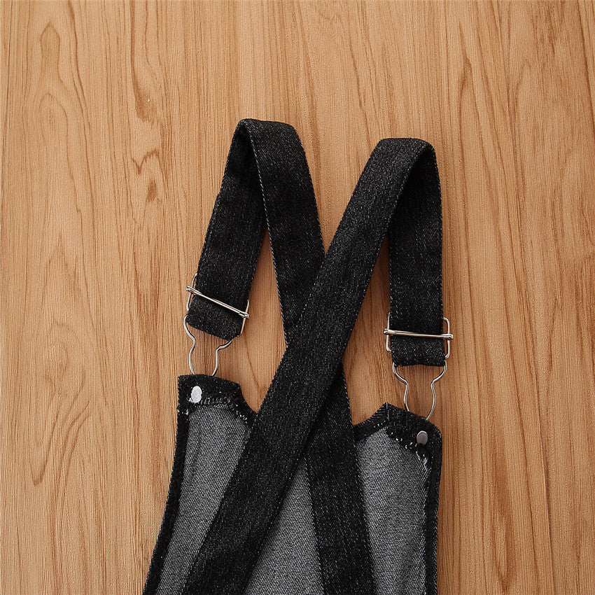 Mädchen Kurzarm-Anzug Puffärmel Schwarzes T-Shirt Jeans Latzrock Modisch