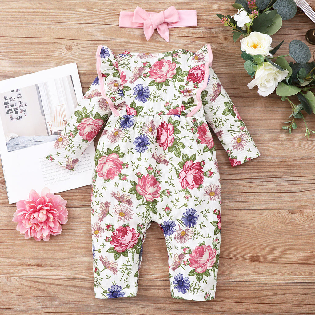 Mädchen Langarm Rüschen Overall mit Print Stirnband Zweiteiliges Set