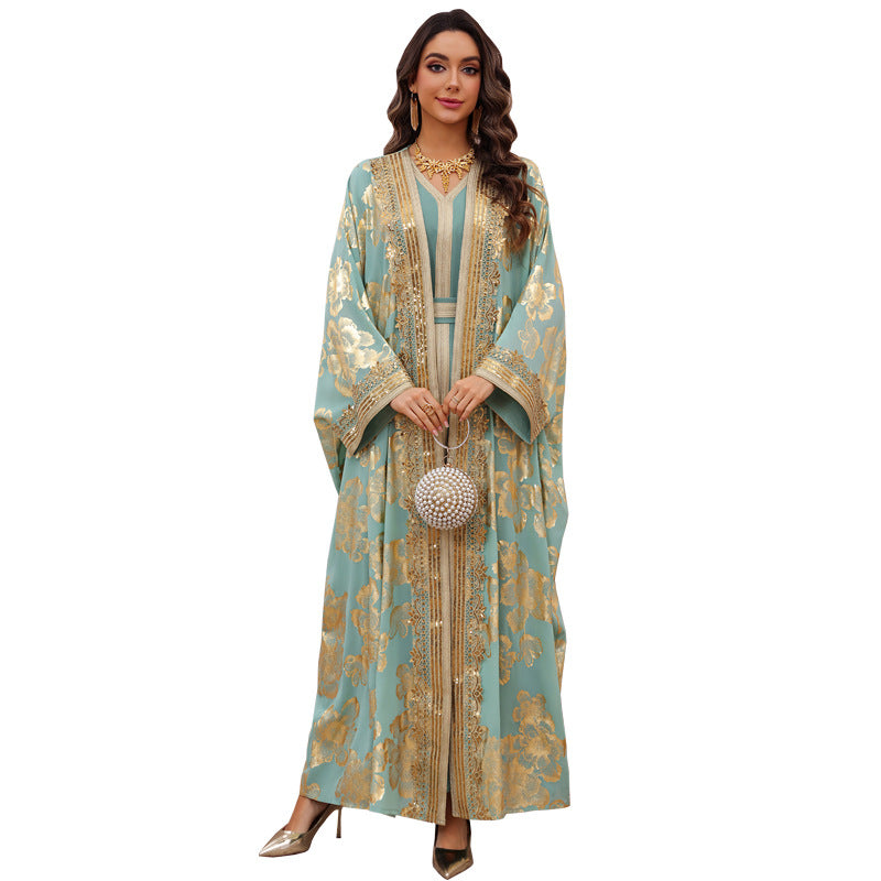 Womens Fashion Gold-Embossed Robe Dress Set