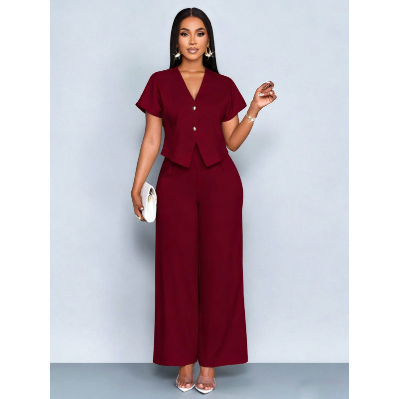 Short-sleeve V-neck Irregular Cardigan And Straight-leg Wide-leg Pants Set